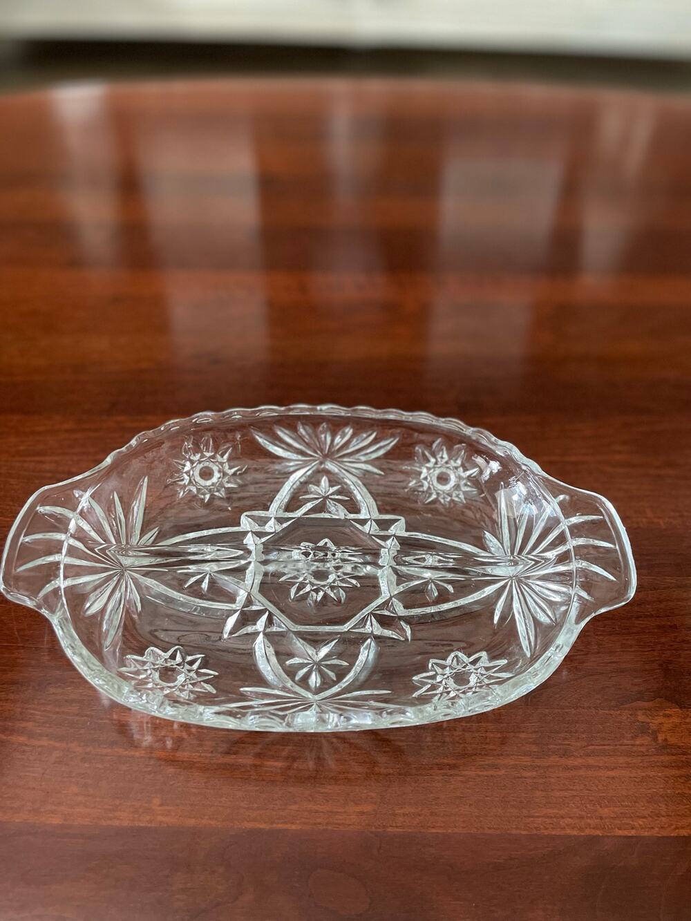 Anchor Hocking 10 inch Cut Glass Divided Oval Dish With Handles